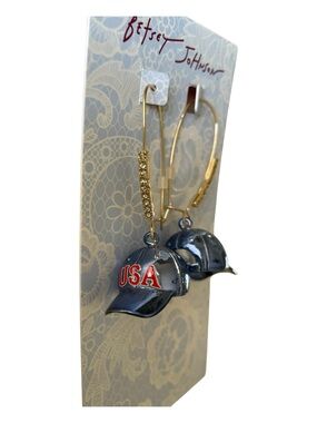 Betsey Johnson Gold Hoop Earrings with Navy & Red USA Baseball Caps